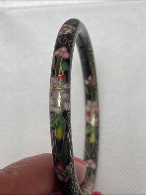 Vintage black Cloisonné bangle bracelet with pink, red and green floral design